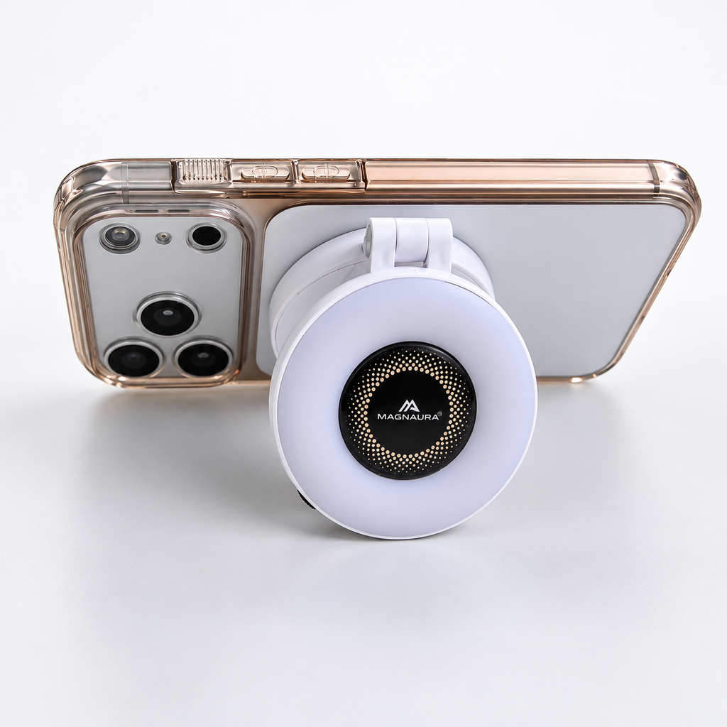 MAGNAURA integrated stand supporting a phone in landscape orientation